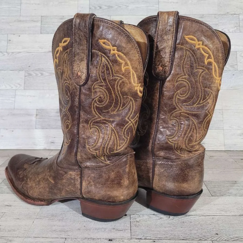 Tony Lama Brown Heeled Boots with Gold Embroidery - Picture 4 of 9